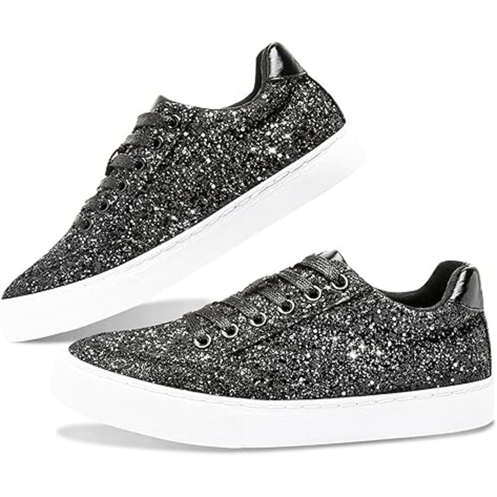 Jeekopeg Womens Size 6 Black Glitter Sparkly Lace Up Low Cut Sneaker Shoes